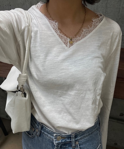 ROGER AND RAW(ロジャーアンドロウ)の「レーストリム スラブ長袖カットソー(Tシャツ/カットソー・レディース・ホワイト/ブラック・FREE)」の12枚目の写真