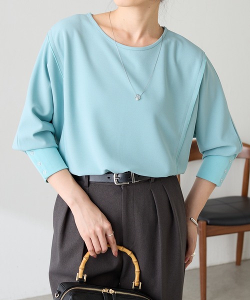 COLLAGE GALLARDAGALANTE（コラージュガリャルダガランテ）の「シアー切替カットジョーゼットプルオーバー（Tシャツ/カットソー・レディース・ネイビー/ミント/オフホワイト/ブラック・FREE）」の4枚目の写真