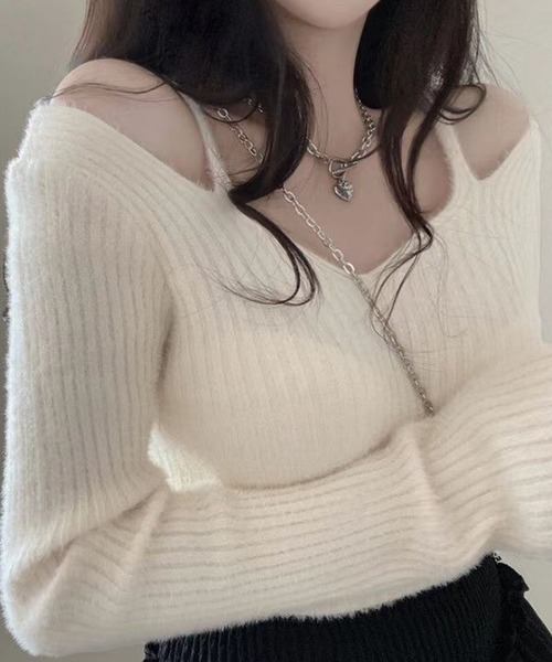 Girly Doll(ガーリードール)の「Vネックカットアウトシャギーニット(ニット/セーター・レディース・ベージュ/ホワイト/ブラック・FREE)」の6枚目の写真