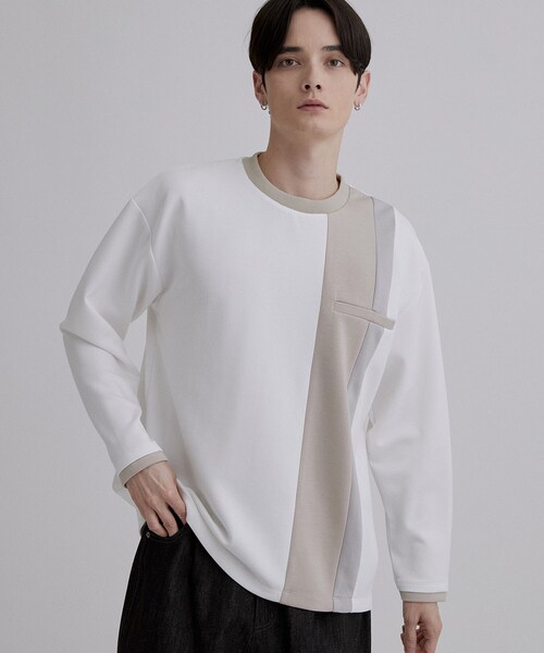 tk.TAKEO KIKUCHI(ティーケータケオキクチ)の「ブロッキングカットソー(Tシャツ/カットソー・メンズ・ホワイト/ダークブラウン/ブラック・02/03)」の2枚目の写真