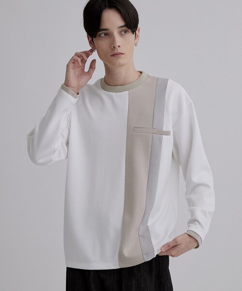 tk.TAKEO KIKUCHI(ティーケータケオキクチ)の「ブロッキングカットソー(Tシャツ/カットソー・メンズ・ホワイト/ダークブラウン/ブラック・02/03)」の5枚目の写真