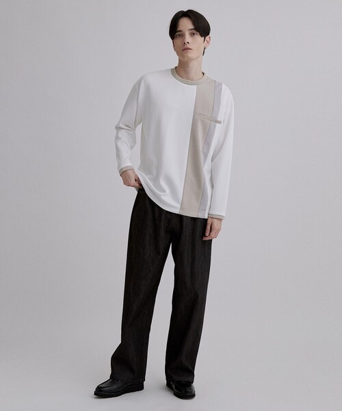 tk.TAKEO KIKUCHI(ティーケータケオキクチ)の「ブロッキングカットソー(Tシャツ/カットソー・メンズ・ホワイト/ダークブラウン/ブラック・02/03)」の7枚目の写真