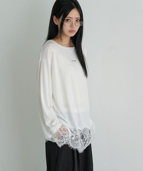 RAY CASSIN(レイカズン)の「レース切替ルーズTシャツ / ロンT(Tシャツ/カットソー・レディース・ブラック/ホワイト/グレー・FREE)」の15枚目の写真