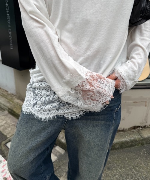 RAY CASSIN(レイカズン)の「レース切替ルーズTシャツ / ロンT(Tシャツ/カットソー・レディース・ブラック/ホワイト/グレー・FREE)」の5枚目の写真