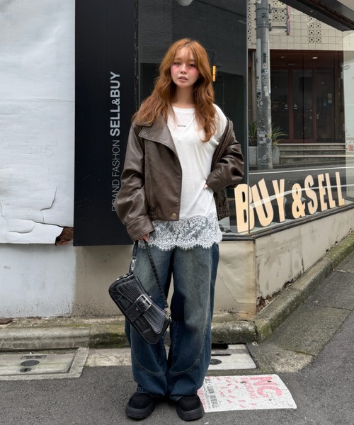 RAY CASSIN(レイカズン)の「レース切替ルーズTシャツ / ロンT(Tシャツ/カットソー・レディース・ブラック/ホワイト/グレー・FREE)」の8枚目の写真