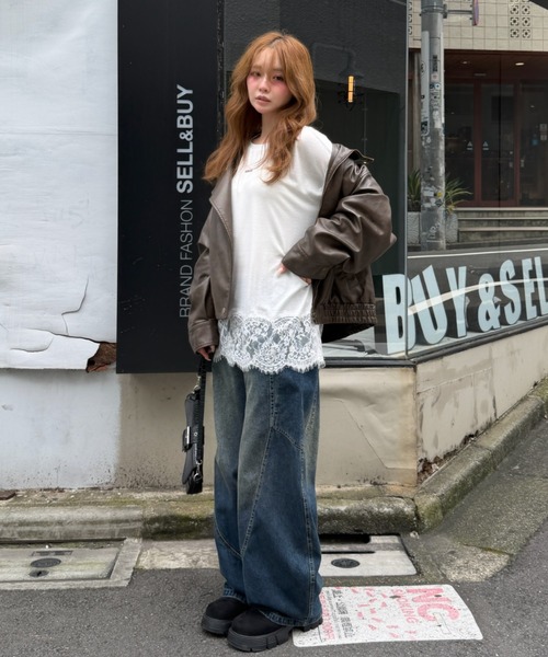 RAY CASSIN(レイカズン)の「レース切替ルーズTシャツ / ロンT(Tシャツ/カットソー・レディース・ブラック/ホワイト/グレー・FREE)」の9枚目の写真