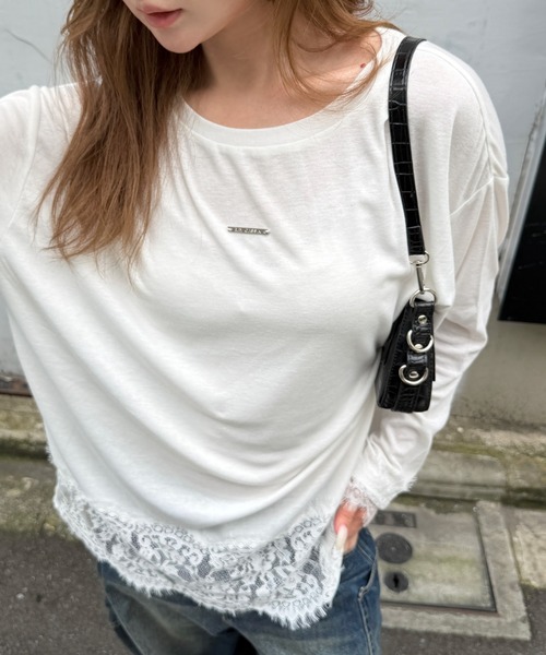 RAY CASSIN(レイカズン)の「レース切替ルーズTシャツ / ロンT(Tシャツ/カットソー・レディース・ブラック/ホワイト/グレー・FREE)」の4枚目の写真