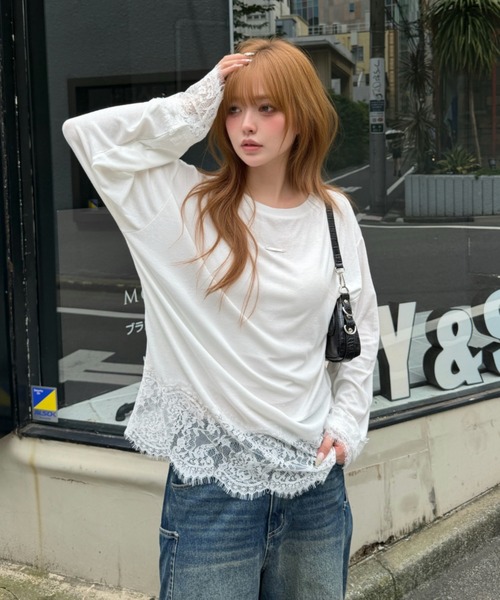 RAY CASSIN(レイカズン)の「レース切替ルーズTシャツ / ロンT(Tシャツ/カットソー・レディース・ブラック/ホワイト/グレー・FREE)」の7枚目の写真