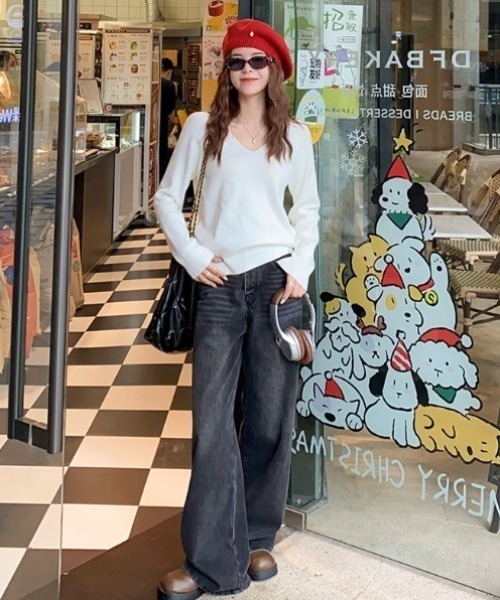 yuue' ( wear )（ユーイ）の「Vネックリブニットトップス/きれいめオフィスカジュアル（ニット/セーター・レディース・アイボリー/ホワイト/グレー/ダークブラウン/ブラック・FREE）」の9枚目の写真
