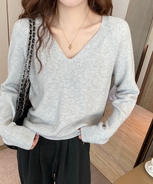 yuue' ( wear )（ユーイ）の「Vネックリブニットトップス/きれいめオフィスカジュアル（ニット/セーター・レディース・アイボリー/ホワイト/グレー/ダークブラウン/ブラック・FREE）」の19枚目の写真