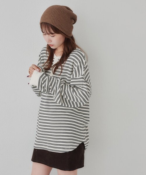 DISCOAT(ディスコート)の「【Enlude】ワッフルボーダーヘンリーネックロンT《ユニセックス》(Tシャツ/カットソー・レディース・ネイビー/アイボリー・MEDIUM/LARGE)」の12枚目の写真