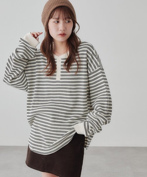 DISCOAT(ディスコート)の「【Enlude】ワッフルボーダーヘンリーネックロンT《ユニセックス》(Tシャツ/カットソー・レディース・ネイビー/アイボリー・MEDIUM/LARGE)」の13枚目の写真