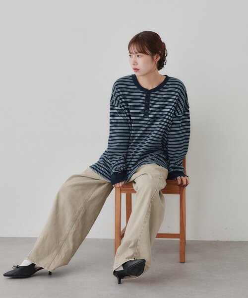 DISCOAT(ディスコート)の「【Enlude】ワッフルボーダーヘンリーネックロンT《ユニセックス》(Tシャツ/カットソー・レディース・ネイビー/アイボリー・MEDIUM/LARGE)」の19枚目の写真