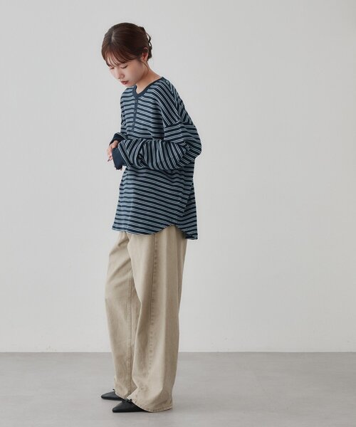DISCOAT(ディスコート)の「【Enlude】ワッフルボーダーヘンリーネックロンT《ユニセックス》(Tシャツ/カットソー・レディース・ネイビー/アイボリー・MEDIUM/LARGE)」の20枚目の写真