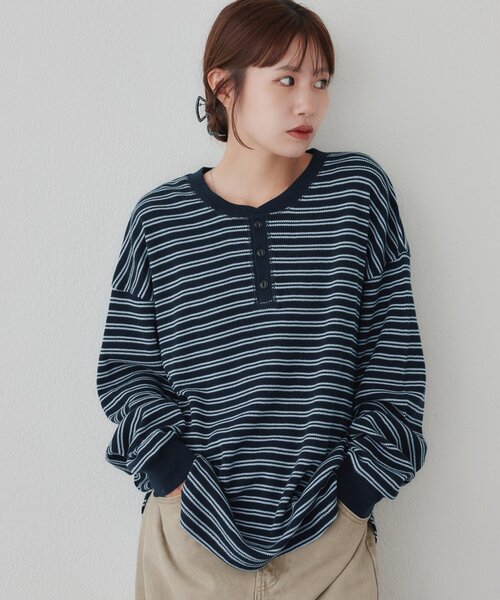 DISCOAT(ディスコート)の「【Enlude】ワッフルボーダーヘンリーネックロンT《ユニセックス》(Tシャツ/カットソー・レディース・ネイビー/アイボリー・MEDIUM/LARGE)」の21枚目の写真