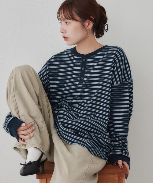 DISCOAT(ディスコート)の「【Enlude】ワッフルボーダーヘンリーネックロンT《ユニセックス》(Tシャツ/カットソー・レディース・ネイビー/アイボリー・MEDIUM/LARGE)」の22枚目の写真