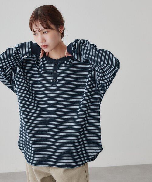DISCOAT(ディスコート)の「【Enlude】ワッフルボーダーヘンリーネックロンT《ユニセックス》(Tシャツ/カットソー・レディース・ネイビー/アイボリー・MEDIUM/LARGE)」の5枚目の写真