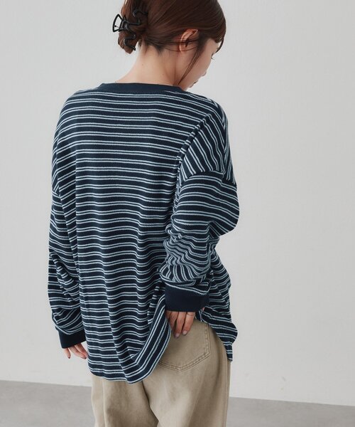 DISCOAT(ディスコート)の「【Enlude】ワッフルボーダーヘンリーネックロンT《ユニセックス》(Tシャツ/カットソー・レディース・ネイビー/アイボリー・MEDIUM/LARGE)」の6枚目の写真