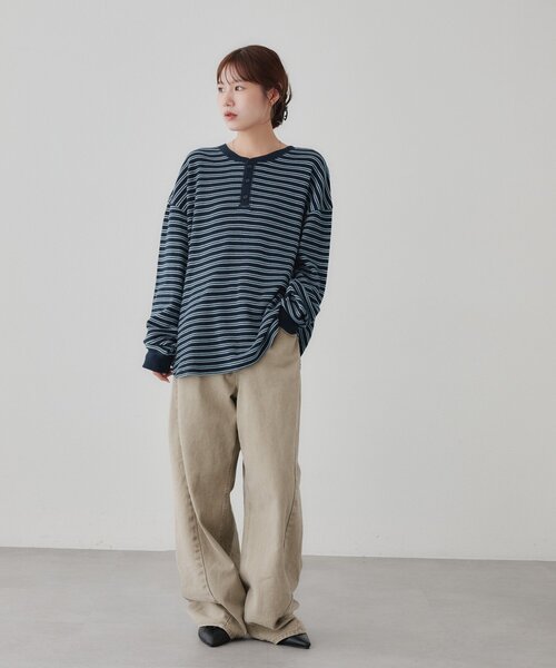 DISCOAT(ディスコート)の「【Enlude】ワッフルボーダーヘンリーネックロンT《ユニセックス》(Tシャツ/カットソー・レディース・ネイビー/アイボリー・MEDIUM/LARGE)」の7枚目の写真