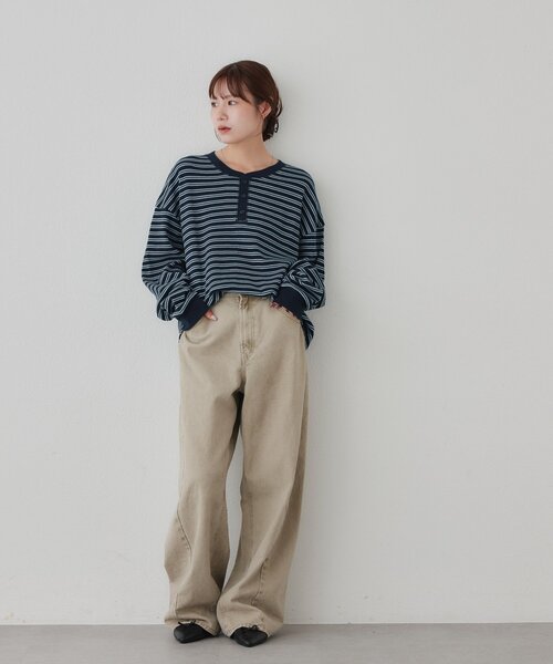 DISCOAT(ディスコート)の「【Enlude】ワッフルボーダーヘンリーネックロンT《ユニセックス》(Tシャツ/カットソー・レディース・ネイビー/アイボリー・MEDIUM/LARGE)」の9枚目の写真
