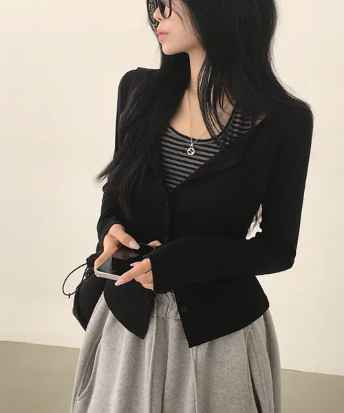 VIVID LADY（ビビッドレディー）の「ボーダーホルターネックドッキング カーディガン風プルオーバートップス（Tシャツ/カットソー・レディース・ブラック/チャコールグレー・FREE）」の8枚目の写真