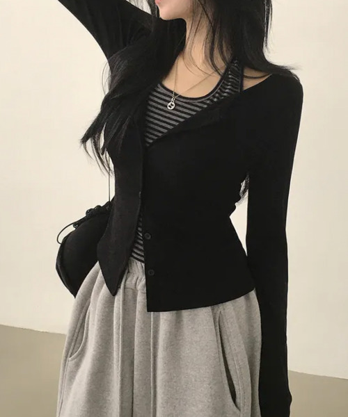 VIVID LADY（ビビッドレディー）の「ボーダーホルターネックドッキング カーディガン風プルオーバートップス（Tシャツ/カットソー・レディース・ブラック/チャコールグレー・FREE）」の9枚目の写真