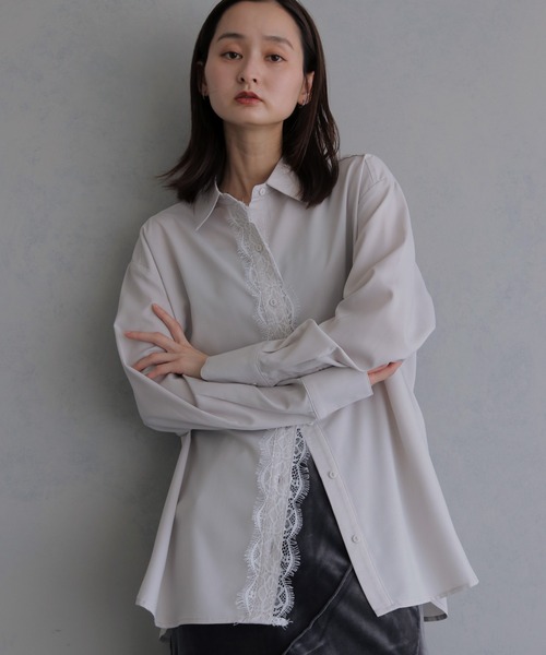 &g'aime(アンジェム)の「【&g'aime 】レース付きオーバーシャツ Lace Trimmed Over Shirt(シャツ/ブラウス・レディース・アイボリー/ブラック/チャコールグレー・FREE)」の5枚目の写真