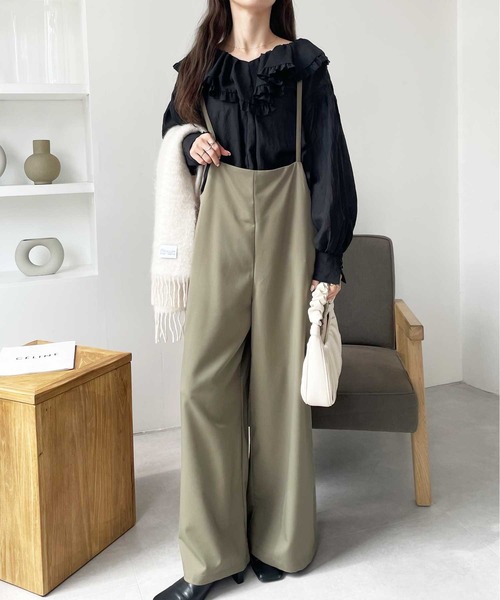 GeeRA（ジーラ）の「サロペットワイドパンツ（サロペット/オーバーオール・レディース・ベージュ/ブラック/チェック/ブラウン/ブルー系その他/チャコール/カーキ/アイボリー・MEDIUM/LARGE/X-LARGE/XX-LARGE/SMALL）」の6枚目の写真