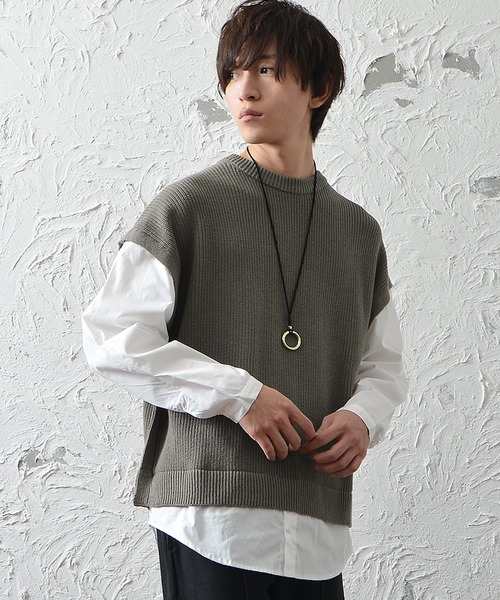 MinoriTY(マイノリティ)の「メンズ長袖シャツ+ニットベストフェイクレイヤードビッグシルエット(ニット/セーター・メンズ・ネイビー/ミント/グレー系その他・L/M)」の2枚目の写真