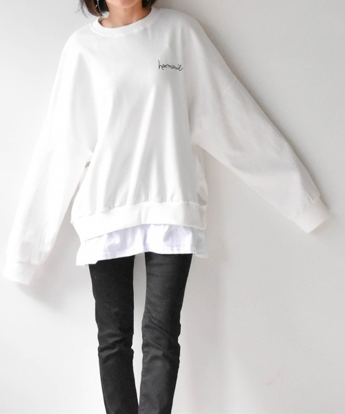 muure（ミュール）の「レイヤード風ワンポイントロゴビッグシルエットプルオーバー（Tシャツ/カットソー・レディース・ホワイト/ブラック/ライム・FREE）」の9枚目の写真