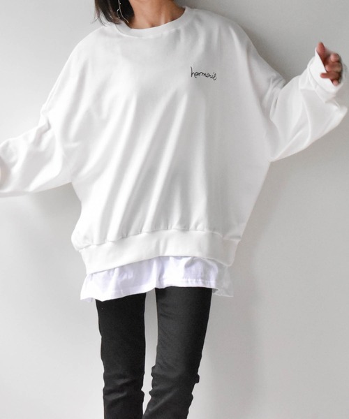 muure（ミュール）の「レイヤード風ワンポイントロゴビッグシルエットプルオーバー（Tシャツ/カットソー・レディース・ホワイト/ブラック/ライム・FREE）」の10枚目の写真