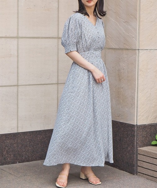 ドレス ワンピース シャーリング Vネック 半袖 スリット L1279 GIUNON ワンピース stripe shirring dress / ストライプ