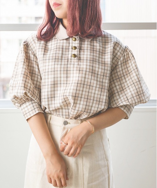 nemne store(ネンネストア)の「ティーカップとポロ風チェックシャツ(シャツ/ブラウス・レディース・ベージュ/オフホワイト・フリー)」の2枚目の写真