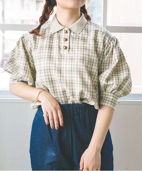 nemne store(ネンネストア)の「ティーカップとポロ風チェックシャツ(シャツ/ブラウス・レディース・ベージュ/オフホワイト・フリー)」の1枚目の写真