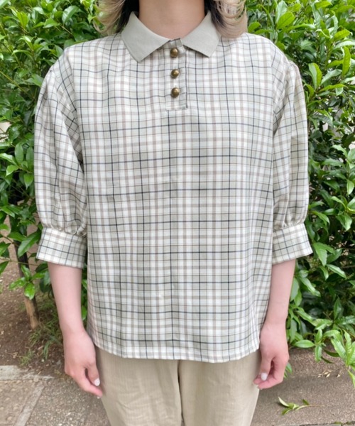 nemne store(ネンネストア)の「ティーカップとポロ風チェックシャツ(シャツ/ブラウス・レディース・ベージュ/オフホワイト・フリー)」の4枚目の写真