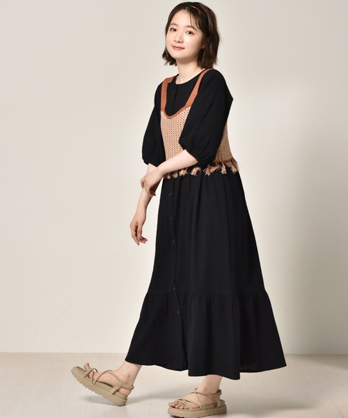 DÉPAREILLÉ フリンジデザイン ベスト 黒 RETRO GIRL（レトロガール）の「柄編みフリンジビスチェ（ベスト