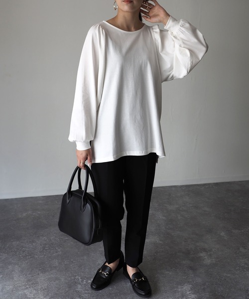 Riberry（リベリー）の「ボリューム袖Teeブラウス（Tシャツ/カットソー・レディース・オフホワイト/スミクロ・MEDIUM）」の9枚目の写真