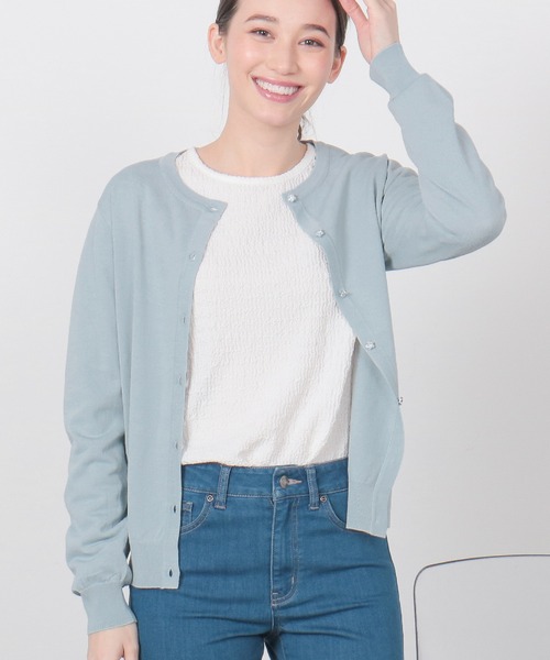 Honeys（ハニーズ）の「変わり釦カーデ（カーディガン/ボレロ・レディース・ラベンダー/サックスブルー/ライム/ライトイエロー/ライトベージュ/ブラック/ライトグレー/オフホワイト/ネイビー・LL/S/M/L）」の7枚目の写真