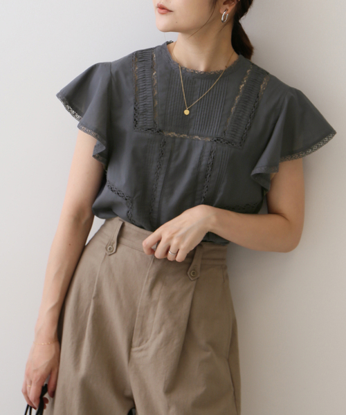 レースピンタックフリルブラウス【手洗い可能】