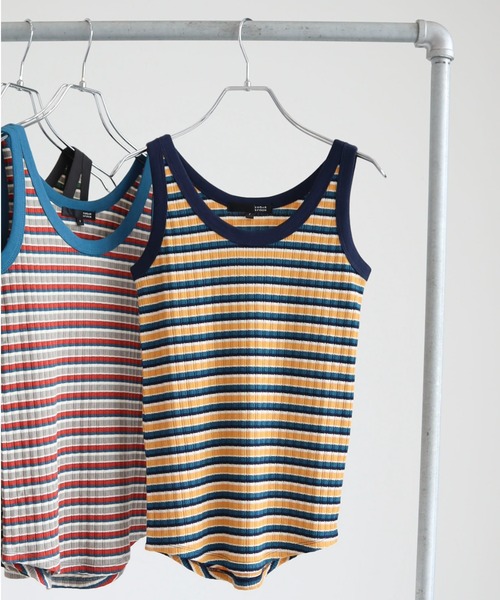 Sugar spoon（シュガースプーン）の「・SUGAR SPOON ボーダーリブタンク（タンクトップ・レディース・オレンジ/イエロー/ベージュ/グリーン・FREE）」の3枚目の写真