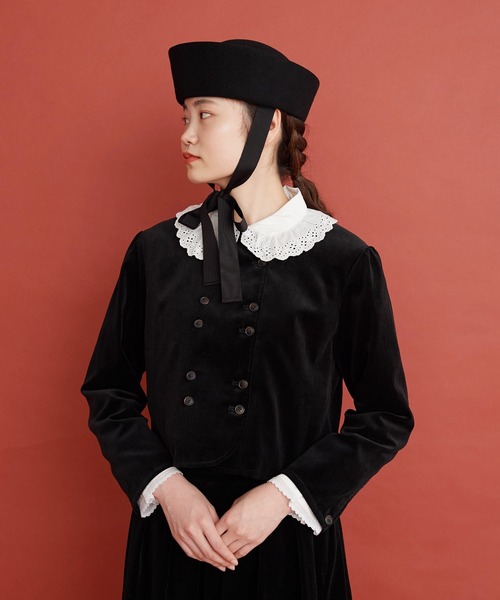 Malle(マル)の「Malle 綾別珍 ショートジャケット(ノーカラージャケット・レディース・ブラック/アイボリー・FREE)」の2枚目の写真