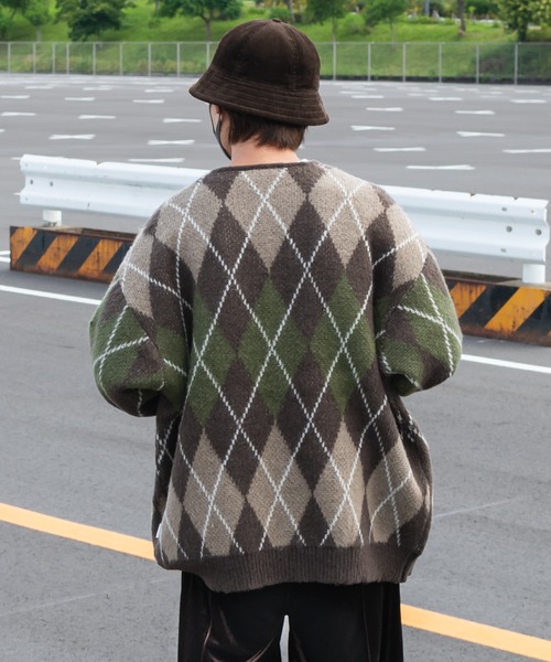 【希少L、ジップカーディガン】HUFアーガイルニット古着ストリート茶総柄長袖. HUF カーディガン 希少 ハフ HUF ジップカーディガン 希少L、ジップ