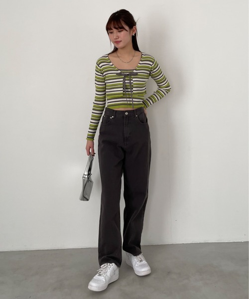 EPIMI E'PIMMY（エピミエピミー）の「〈Setにも〉ランダムボーダークロップドカーディガン（カーディガン/ボレロ・レディース・グリーン系その他/オレンジ/パープル・MEDIUM）」の8枚目の写真