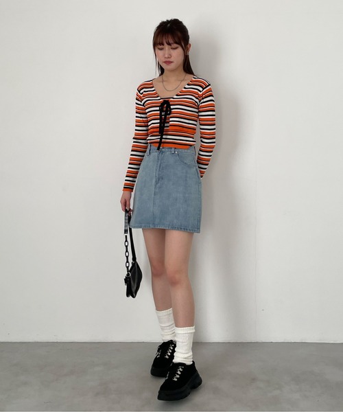 EPIMI E'PIMMY（エピミエピミー）の「〈Setにも〉ランダムボーダークロップドカーディガン（カーディガン/ボレロ・レディース・グリーン系その他/オレンジ/パープル・MEDIUM）」の22枚目の写真