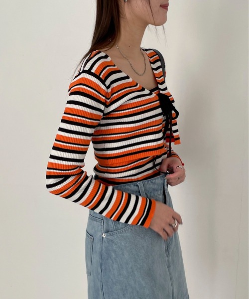 EPIMI E'PIMMY（エピミエピミー）の「〈Setにも〉ランダムボーダークロップドカーディガン（カーディガン/ボレロ・レディース・グリーン系その他/オレンジ/パープル・MEDIUM）」の21枚目の写真