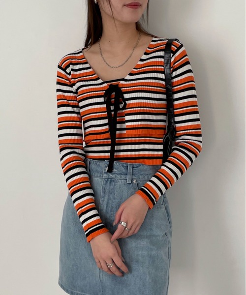 EPIMI E'PIMMY（エピミエピミー）の「〈Setにも〉ランダムボーダークロップドカーディガン（カーディガン/ボレロ・レディース・グリーン系その他/オレンジ/パープル・MEDIUM）」の16枚目の写真