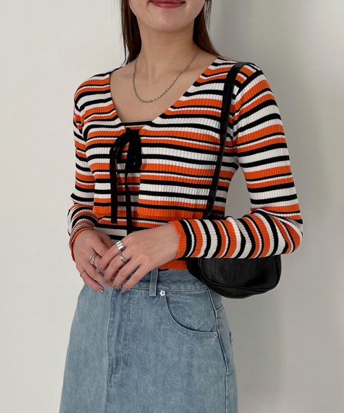 EPIMI E'PIMMY（エピミエピミー）の「〈Setにも〉ランダムボーダークロップドカーディガン（カーディガン/ボレロ・レディース・グリーン系その他/オレンジ/パープル・MEDIUM）」の17枚目の写真