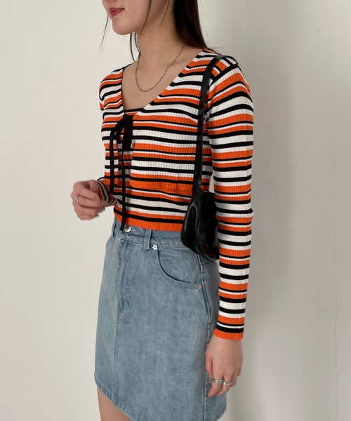 EPIMI E'PIMMY（エピミエピミー）の「〈Setにも〉ランダムボーダークロップドカーディガン（カーディガン/ボレロ・レディース・グリーン系その他/オレンジ/パープル・MEDIUM）」の18枚目の写真