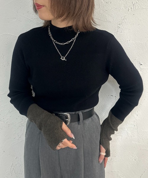apres jour mignon(アプレジュールミニョン)の「配色フィンガーニット【ZOZOTOWN限定アイテム】(ニット/セーター・レディース・ライトベージュ/ブラック/オレンジ/カーキ・フリー/X-LARGE)」の1枚目の写真