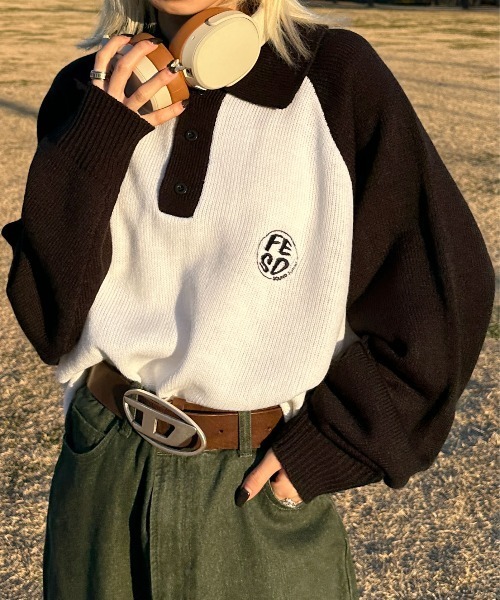 sedacle(セダクル)の「ラグランポロニット(ニット/セーター・メンズ・ホワイト/グリーン・MEDIUM/LARGE)」の1枚目の写真